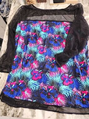 Sophie Theallet Black Mesh Tropical Floral Swim Coverup with Blue & Pink